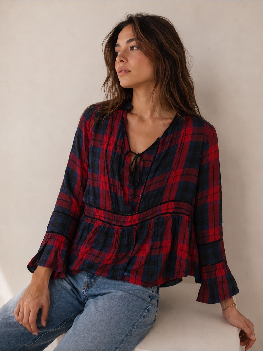 Thread & Supply Red and Navy Plaid Tie-Front Peplum Blouse